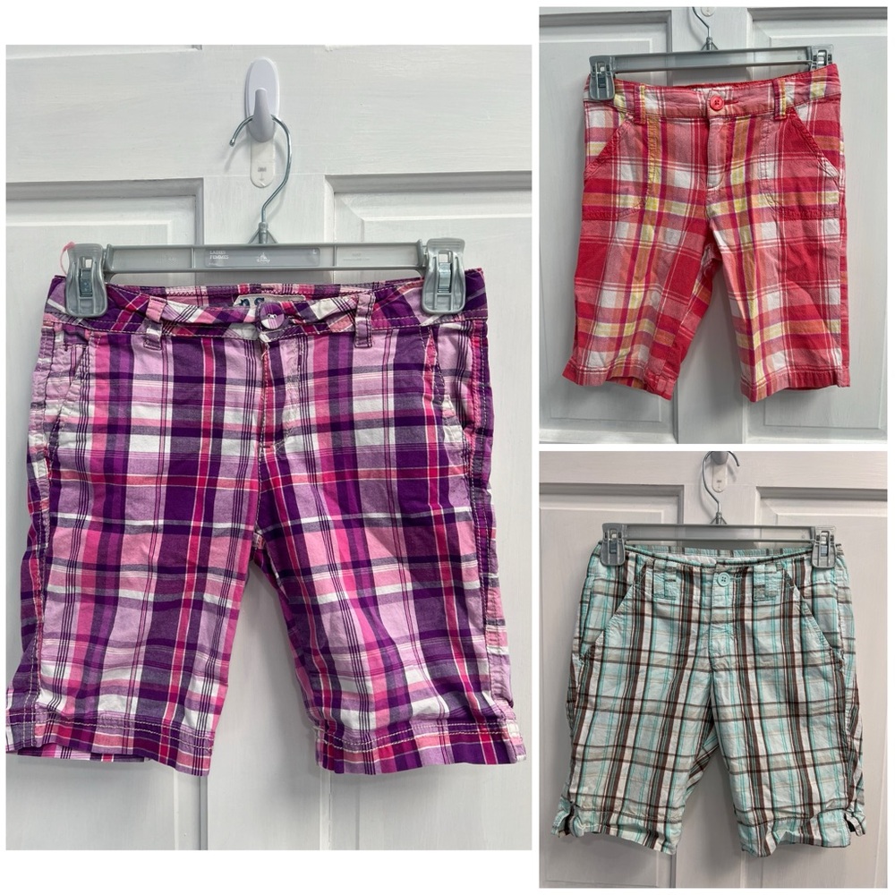LOT Of 3 Girls Plaid Bermuda Summer  Shorts SIZE 10 Pink Purple Blue Pre Loved